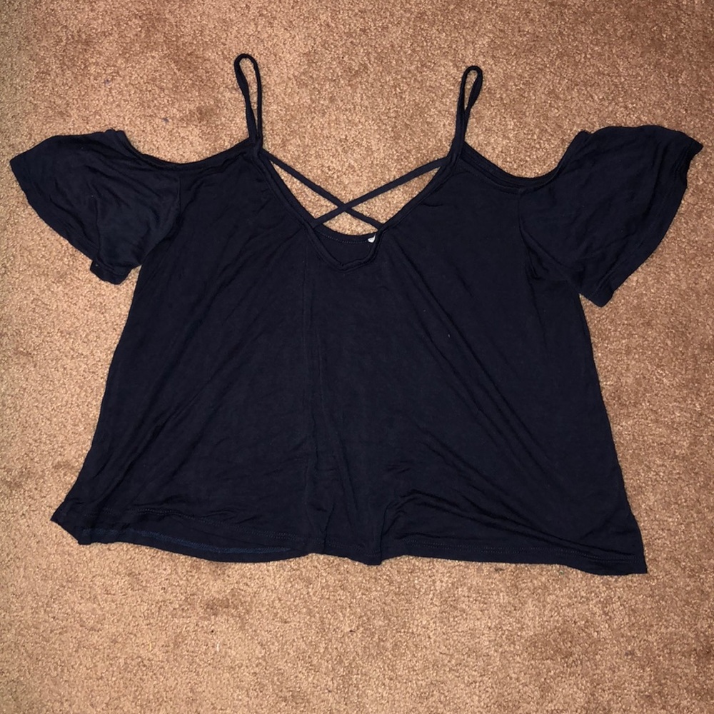 Navy blue flowy shirt with shoulder cutout